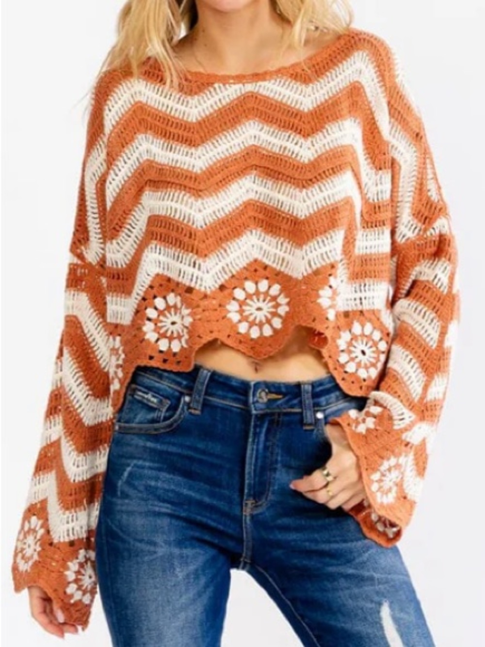 Boho NWT Crochet Chevron Crop Sweater size S/M- M/L